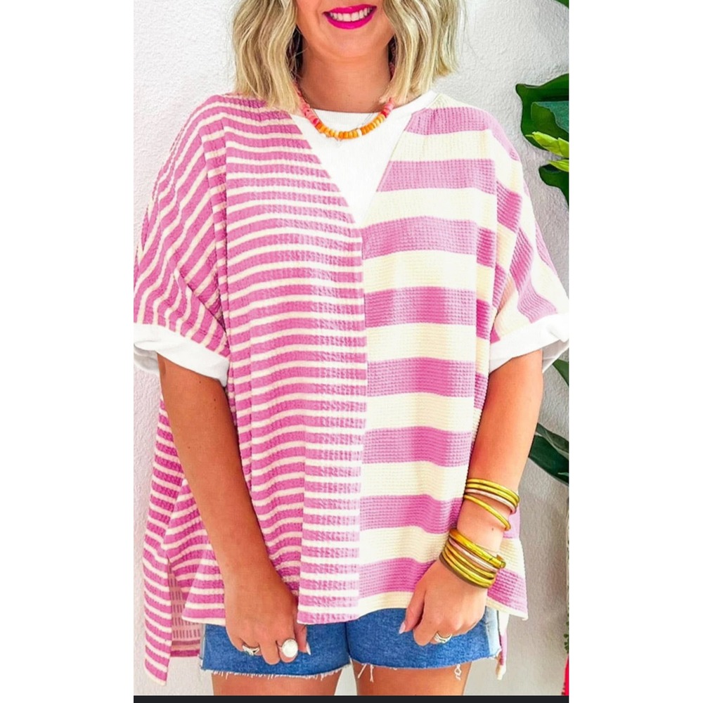 Fantastic Fawn Oversized Waffle Knit Colorblockโ Pink Striped Tee Casual Top